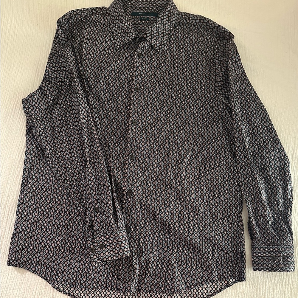 Perry Ellis Navy, Burgundy and White Geometric Dress Shirt